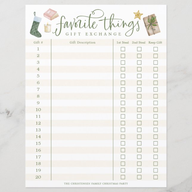 Favorite Things Gift Exchange Tracker #1-20 (Devant)