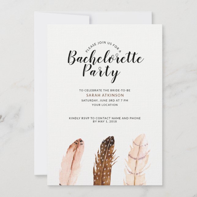 Feather Watercolor Bachelorette Party Invitation (Devant)