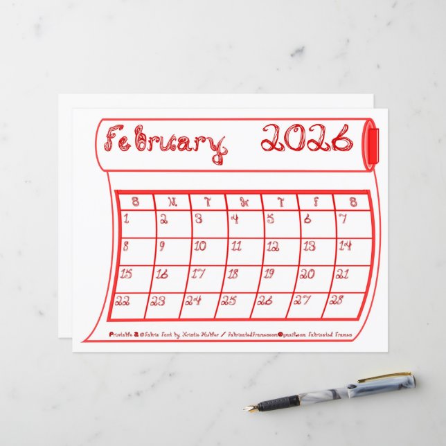 February 2026 Calendar Red Bolt Fabric Font Paper (Devant/Arrière en situation)