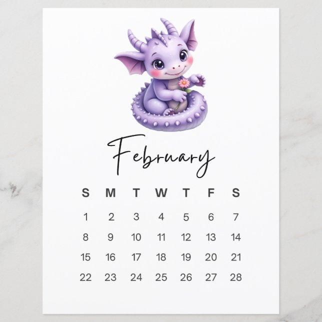 February Baby Dragon Cute Fantasy Monthly Calendar (Devant)