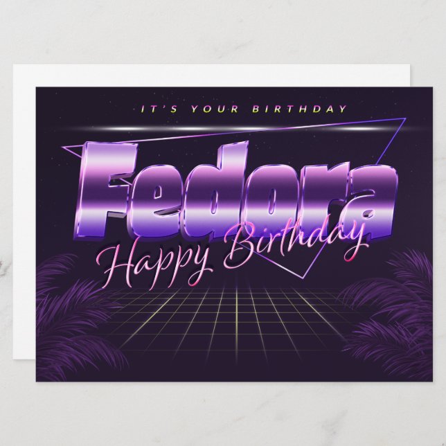 Fedora prénom nom carte rétro lilas anniversaire (Devant / Derrière)
