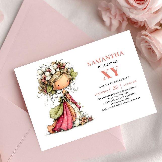 Fée bienheureuse Invitations d'anniversaire floral (Blissful Fairy Girl Birthday Floral Pink invitation)