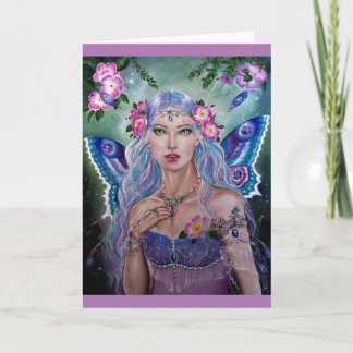 Fée bleu violet avec carte de voeux rose sauvage