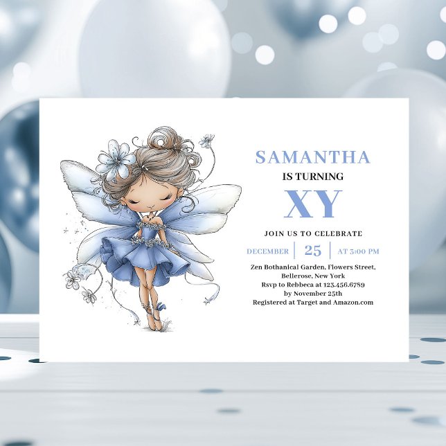 Fée Bleue Capricieuse Invitation Anniversaire 3 an (Whimsy Blue Fairy Girl 3rd Birthday Pastel invitation)