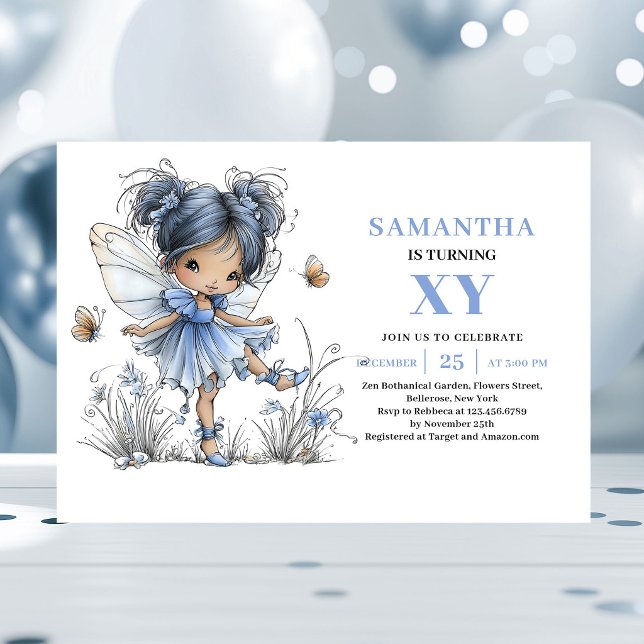Fée Bleue Capricieuse Invitation Pastel pour les 4 (Whimsy Blue Fairy Girl 4th Birthday Pastel invitation)