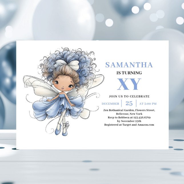 Fée Bleue Magique Invitation Pastel pour 6ème Anni (Magical Blue Fairy Girl 6th Birthday Pastel invitation)