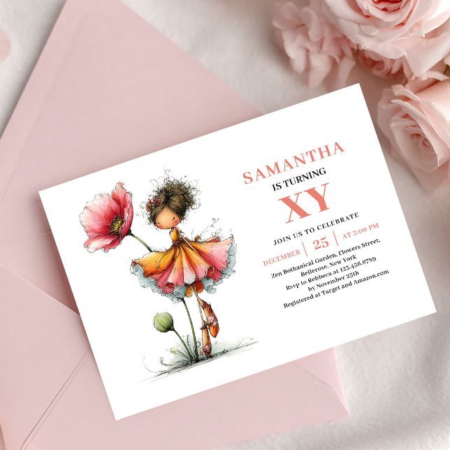 Fée Bloom Invitation d'anniversaire florale rose (Bloom Fairy Girl Birthday Floral Pink invitation)
