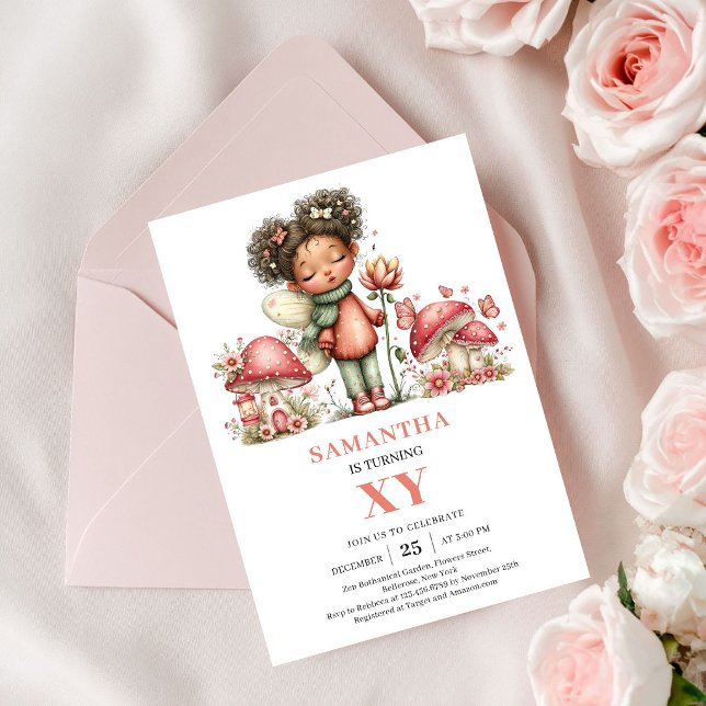 Fée Capricieuse 5ème Anniversaire Invitation Fleur (Whimsy Fairy 5th Birthday Pink Floral Invitation)