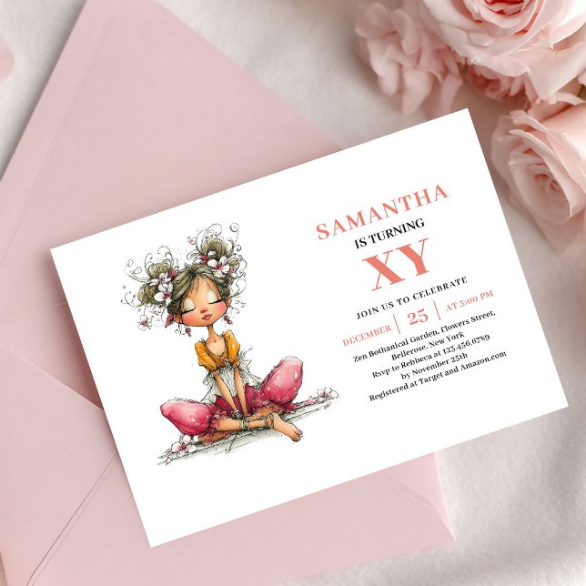 Fée Capricieuse Fille 4e Anniversaire Invitation F (Whimsy Fairy Girl 4th Birthday Pink Floral invitation)