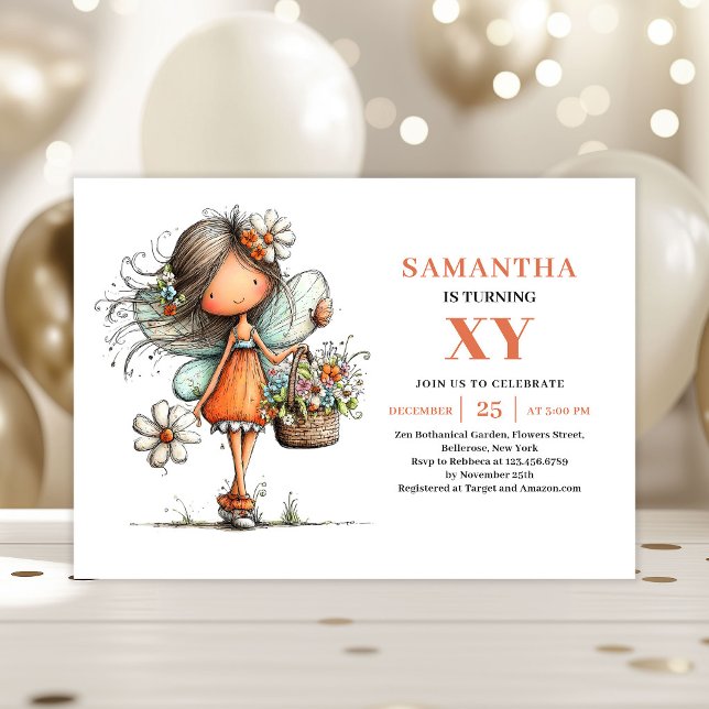Fée Capricieuse Fille 4ème Anniversaire Invitation (Whimsy Fairy Girl 4th Birthday Floral invitation)