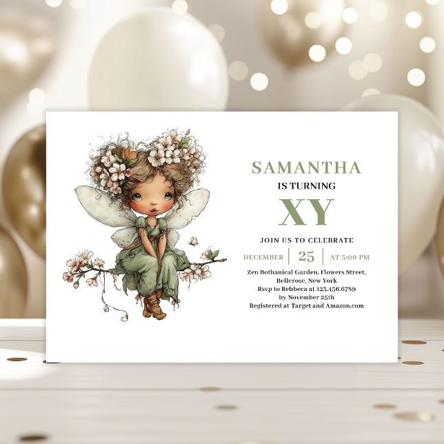 Fée Capricieuse Fille 4ème Anniversaire Invitation (Whimsy Fairy Girl 4th Birthday Sage Floral Invitation)
