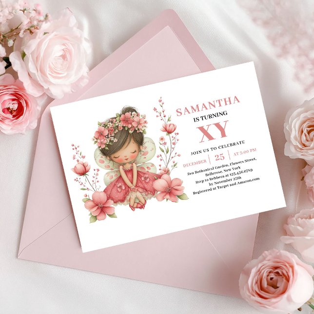 Fée Capricieuse Fille 4ème Anniversaire Invitation (Whimsy Fairy Girl 4th Birthday Blush Pink Invitation)
