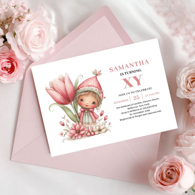Fée Capricieuse Fille 4ème Anniversaire Invitation (Whimsy Fairy Girl 4th Birthday Floral Pink Invitation)