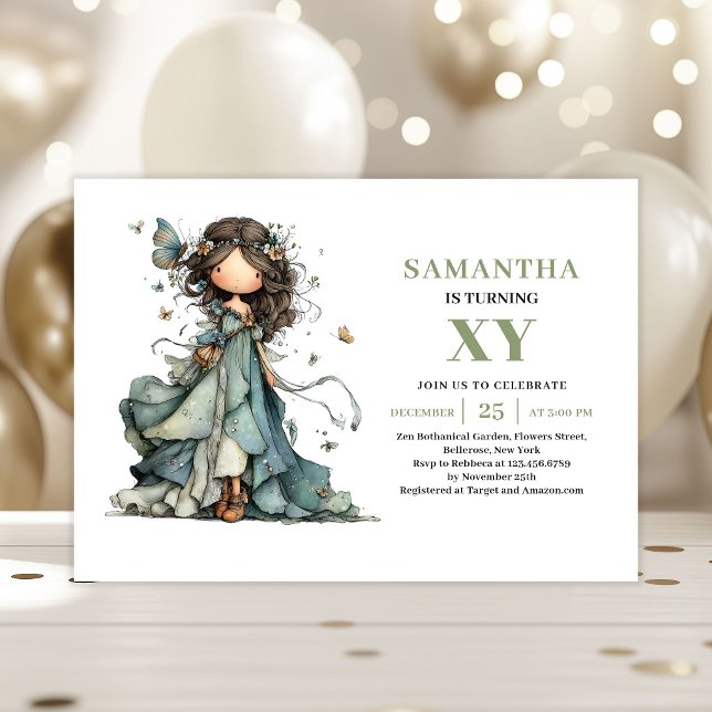 Fée Capricieuse Invitation Fleurie de Naissance de (Whimsy Fairy Girl Birthday Sage Floral Invitation)