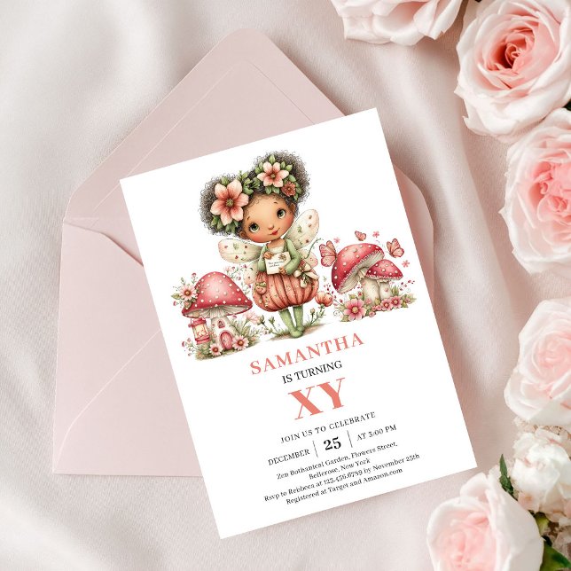 Fée Capricieuse Invitation Fleurs Rougissantes pou (Whimsical Fairy 5th Birthday Blush Flowers Invitation)