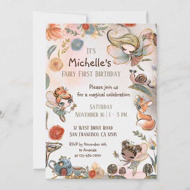Fée de forêt première invitation anniversaire, mag (Devant)