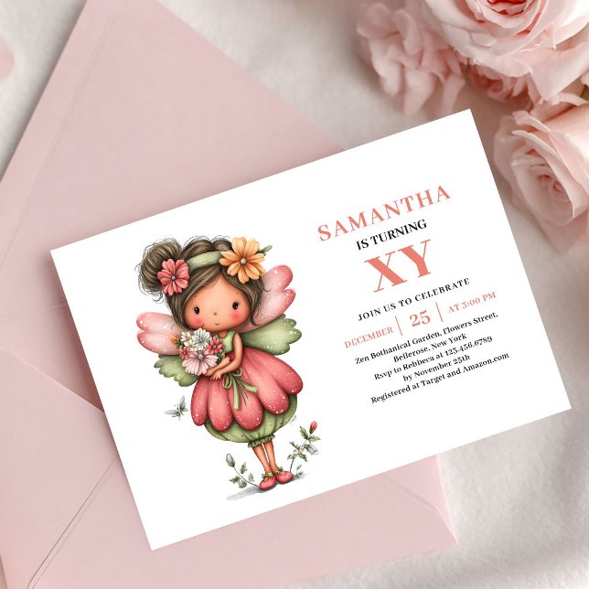 Fée Délicieuse Invitation Anniversaire Fille Rose  (Delight Fairy Girl Birthday Pastel Pink invitation)