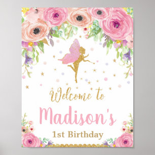 Fée fête d'anniversaire Affiche de bienvenue rose