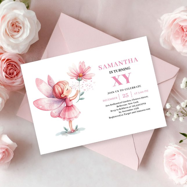 Fée Fille Invitation Anniversaire Rose Pâle Fantai (Fairy Girl Birthday Whimsy Blush Pink invitation)