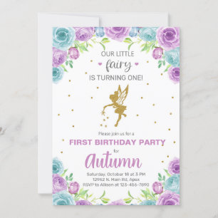 Fée fille invitation d'anniversaire, fleurs or n'i