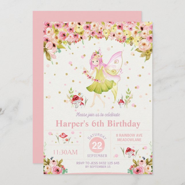 Fée Floral Woodland Invitation d'anniversaire (Devant / Derrière)
