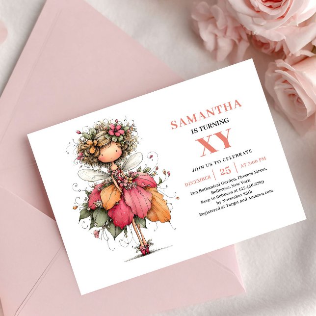 Fée merveilleuse fille anniversaire invitation ros (Wonder Fairy Girl Birthday Blush Pink invitation)