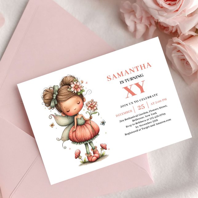 Fée merveilleuse fille invitation d'anniversaire f (Wonder Fairy Girl Birthday Floral Pink invitation)