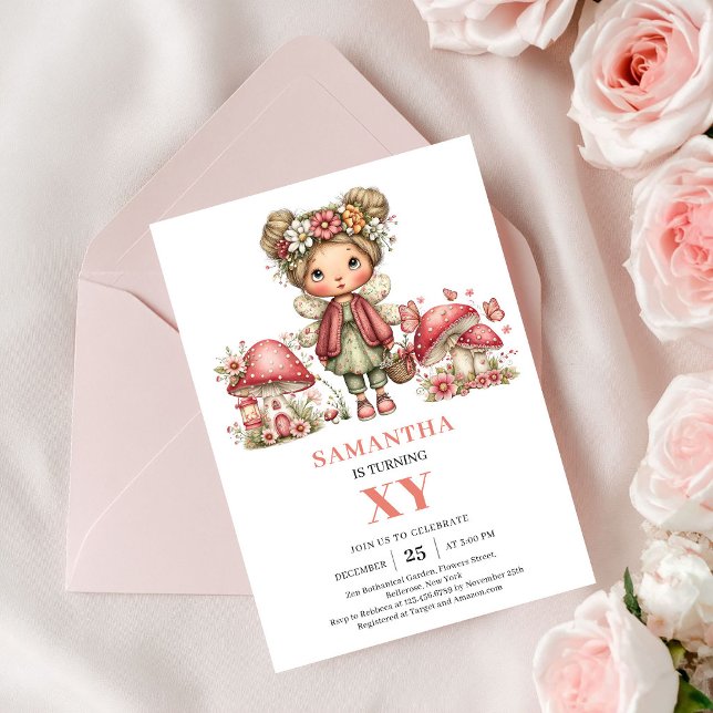 Fée Mignonne 2e Anniversaire Invitation Fleurie Ro (Cute Fairy 2nd Birthday Blush Pink Floral Invitation)