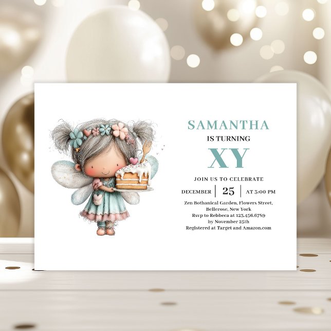 Fée Mignonne 6e Anniversaire Invitation Magie et F (Cute Fairy Girl 6th Birthday Magical Whimsy invitation)