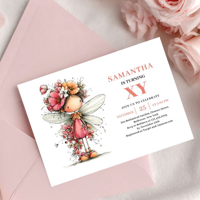 Fée Radieuse Fille 7e Anniversaire Invitation Fleu (Radiant Fairy Girl 7th Birthday Pink Floral invitation)