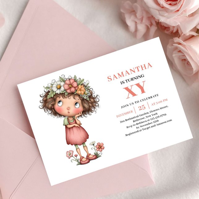 Fée Radieuse Invitation Anniversaire Fleur pastel (Radiant Fairy Girl Birthday Pastel Floral invitation)