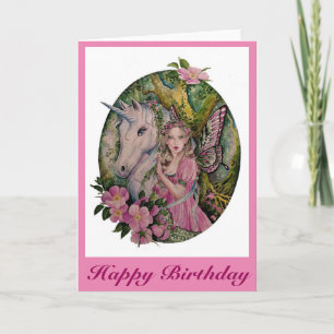 Fée rose sauvage avec carte de voeux unicorne