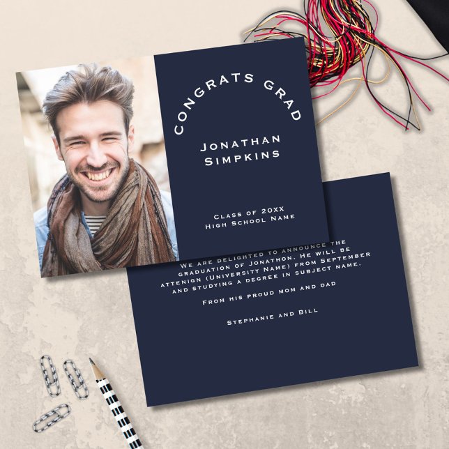 Félicats Grad Photo Homme Marine Faire-part (front and back view)