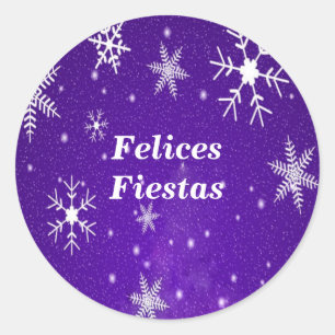 Felices Fiestas Snowflakes Blue Round Stickers