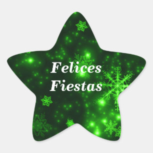 Felices Fiestas Snowflakes Green Star Stickers
