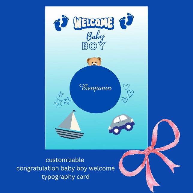 félicitations baby boy bienvenue typographie carte (customizable 
congratulation baby boy welcome typography card
by Hobinishop)