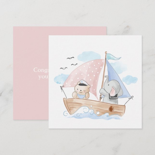 FÉLICITATIONS : BATEAU AVEC ÉLÉPHANT ET BÉBÉ (Devant / Derrière)