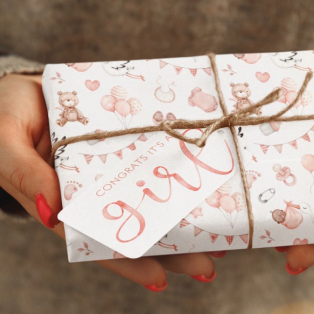 Félicitations, c'est une fille, étiquette cadeau (Congratulate the new parents with this lovely personalized, "It's a girl" bear gift tag! )