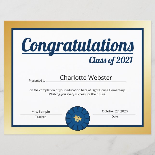 Félicitations en or pour le diplômé - Certificat d (Devant)