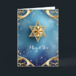 Félicitations Mazel Tov, carte de vœux pliée 5" x<br><div class="desc">Étoile d'or de David avec des détails dorés exquis sur fond bleu ; les félicitations sont "Mazel Tov" sur le devant. L'intérieur a été laissé vide pour que vous puissiez personnaliser cette carte élégante. Suggéré pour les mariages, les anniversaires, les bar mitzvahs, les bat mitzvahs et autres occasions ou fêtes...</div>