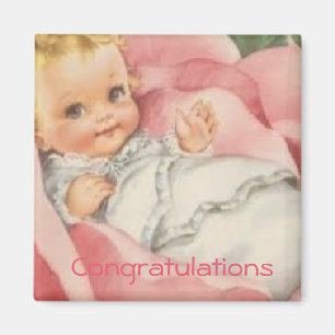 Félicitations Nouveau Bébé Fille Rose Magnet Vint