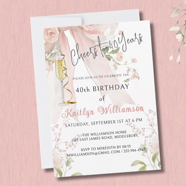 Félicitations pour 40 Ans Invitation Florale Ruban (Créateur téléchargé)
