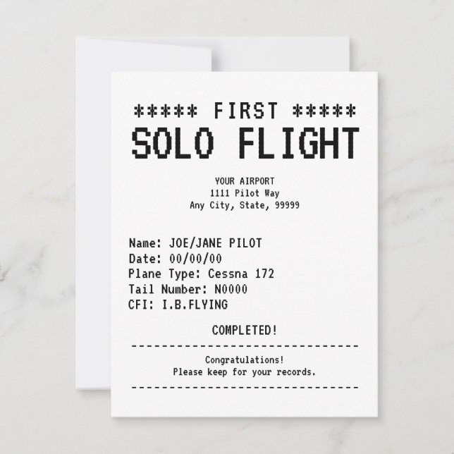 Félicitations pour le premier vol solo Carte plate (Devant)