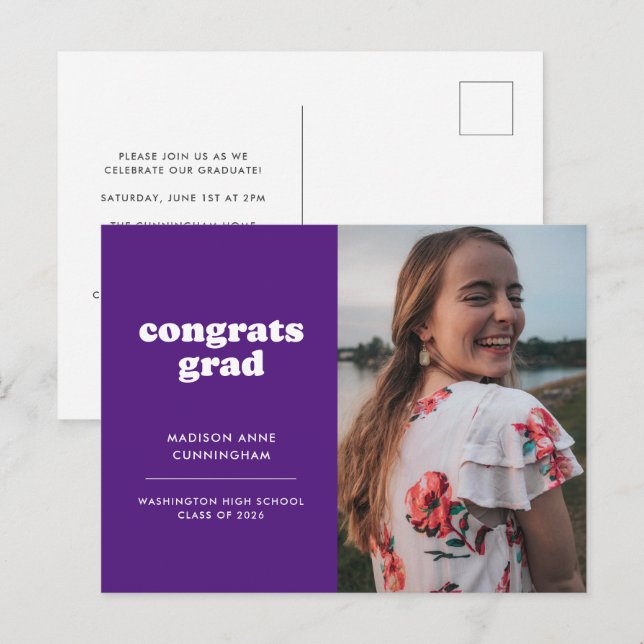 Félicitations violettes diplômé photo invitation d (Devant / Derrière)