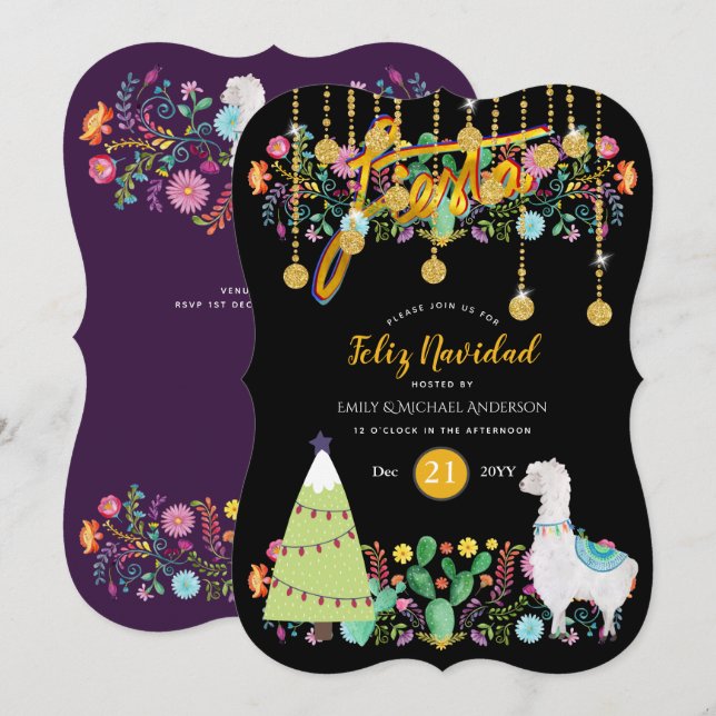 Feliz Navidad Fiesta Invitation Fleurs folklorique (Devant / Derrière)