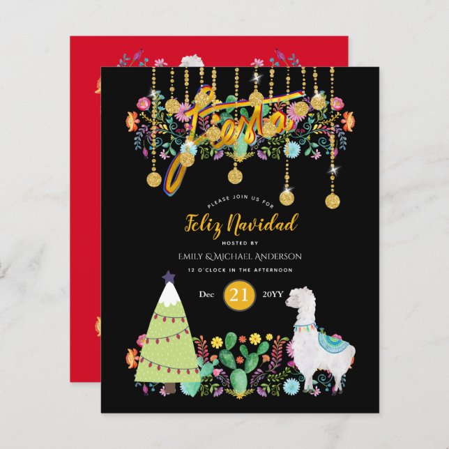Feliz Navidad Fiesta Invitation Folk BUDGET Fleurs (Devant / Derrière)