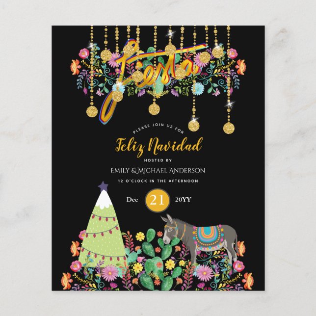Feliz Navidad Fiesta Invitation Folk Flowers Burro (Devant)