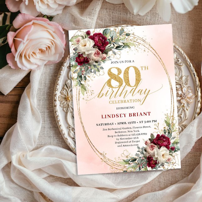 Féminin Boho Floral Bourgogne Invitation 80e Anniv (Feminine Boho Floral Burgundy 80th Birthday Invite)