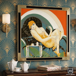 Femme Art Déco Vintage Allongée sur un Canapé, Cho