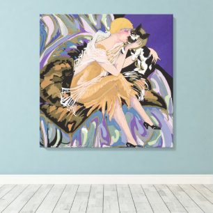 Femme Art Déco Vintage avec Chat par S. Chompre